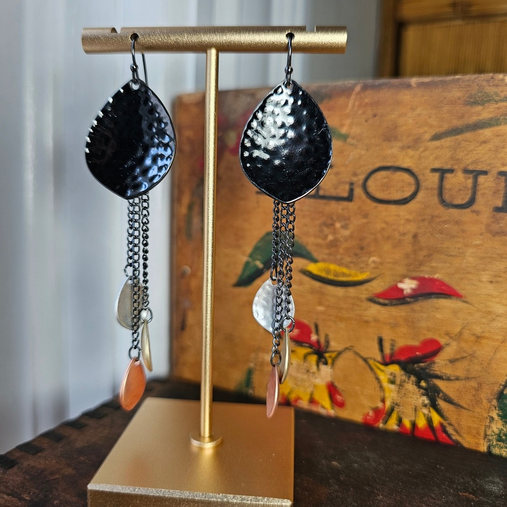 Mixed Metal Hammered Teardrop Drop Earrings Women OS Black  Dangle